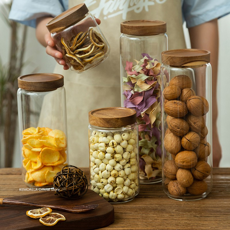 Food Storage Glass Box - Wood Lid Glass Airtight Canister Kitchen