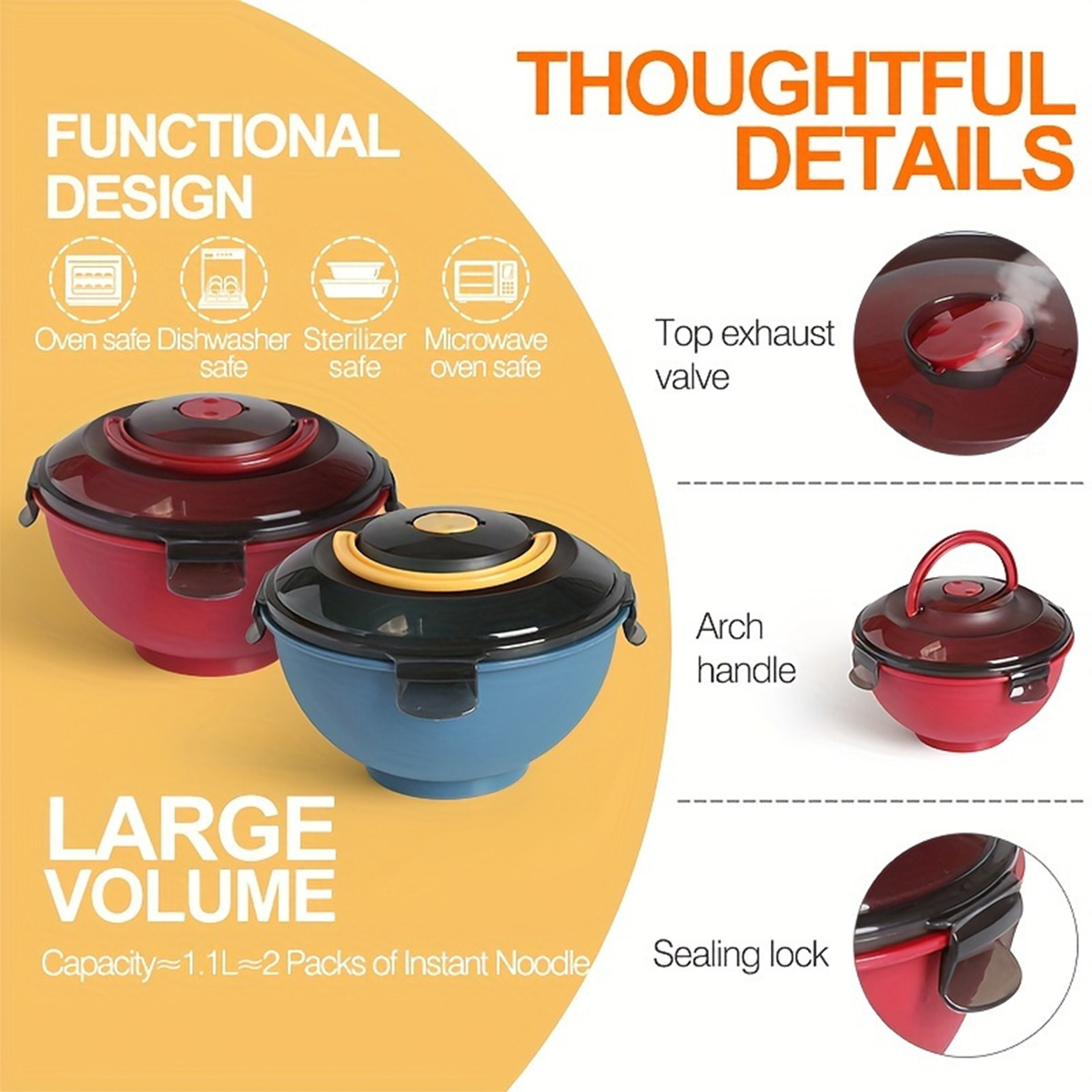 Food Storage Microwave Safe - Portable Salad Noodle Soup Bowl Leak-Proof