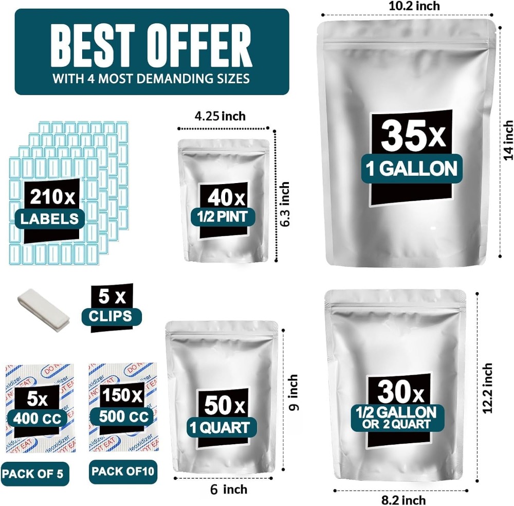 155 Mylar Bags with 155 Oxygen - Food Storage For Long Term review and price